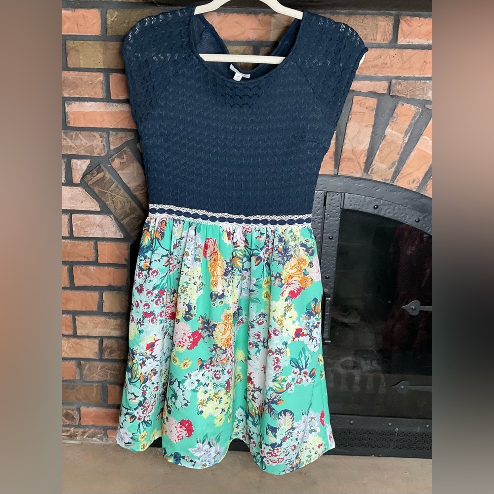 Anthropology Weston Arcada Floral Flare Dress small navy/sea foam floral skirt